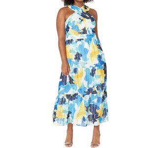 Maggy London Watercolor Floral Ribbon Stripe Maxi Dress Size 18